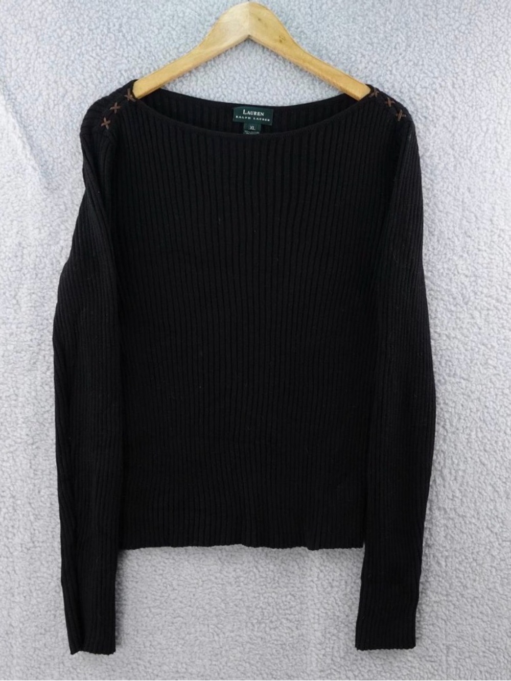 Vintage Lauren Ralph Womens XL Black Cotton Ribbed Knit Sweater Leather Stitch